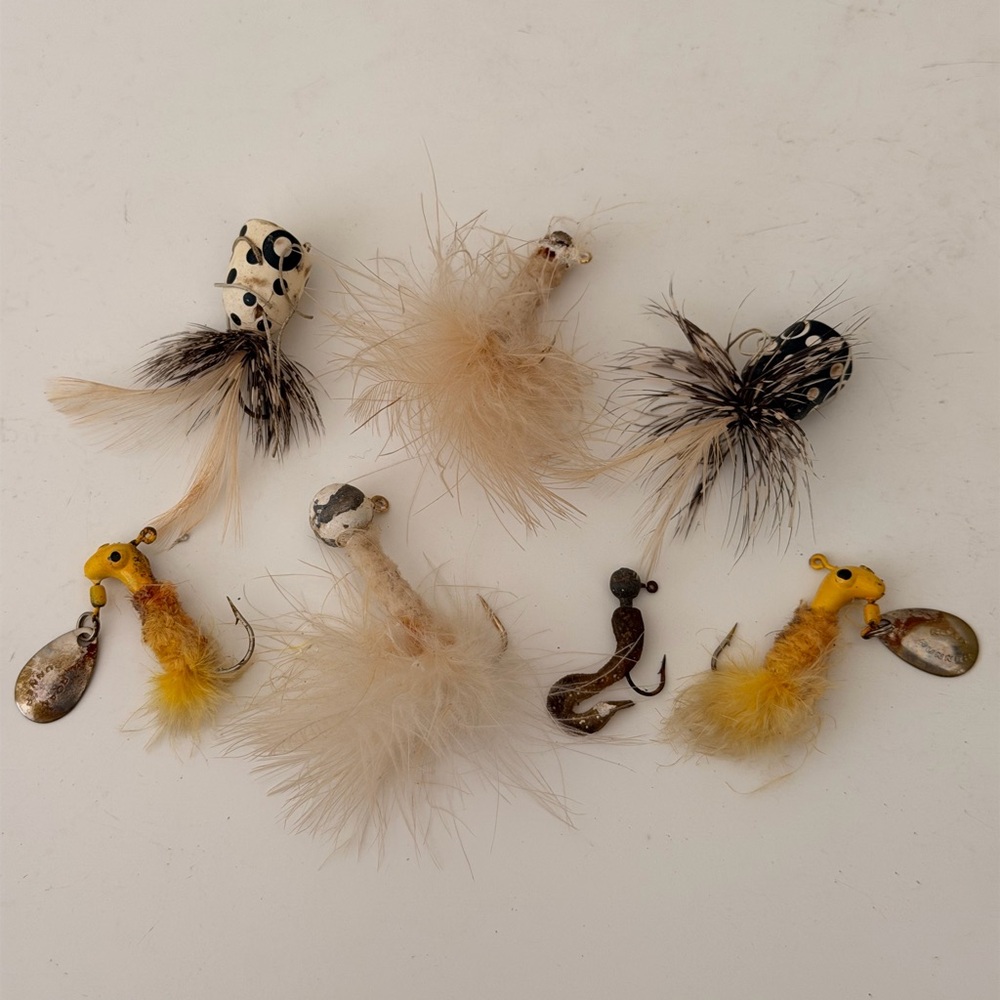 Set of 7 Vintage Fly Fishing Lures Wooden/Metal with Feathers